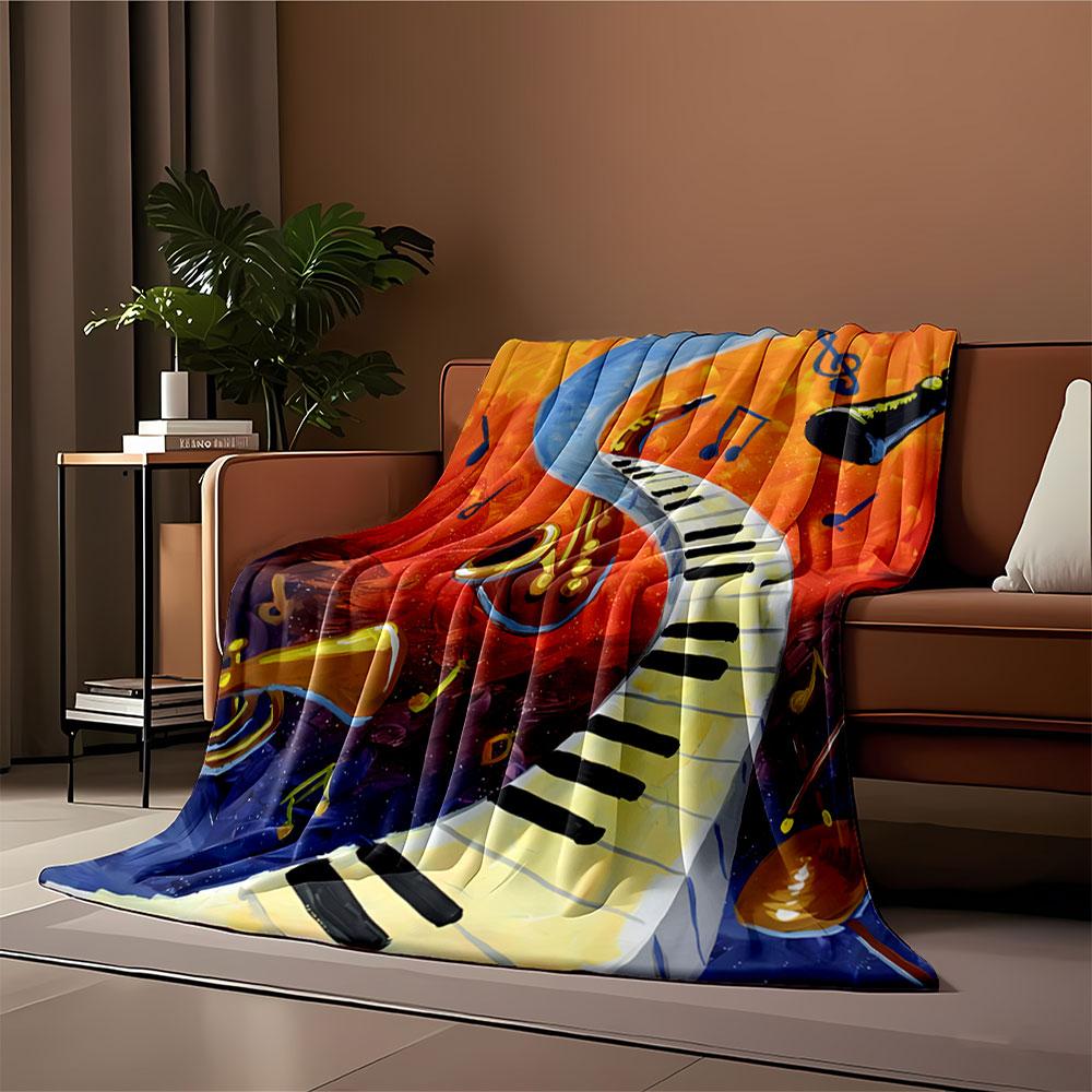 Curved piano keys flowing through a colorful backdrop of musical notes. for all seasons blanket lunch break throw gift