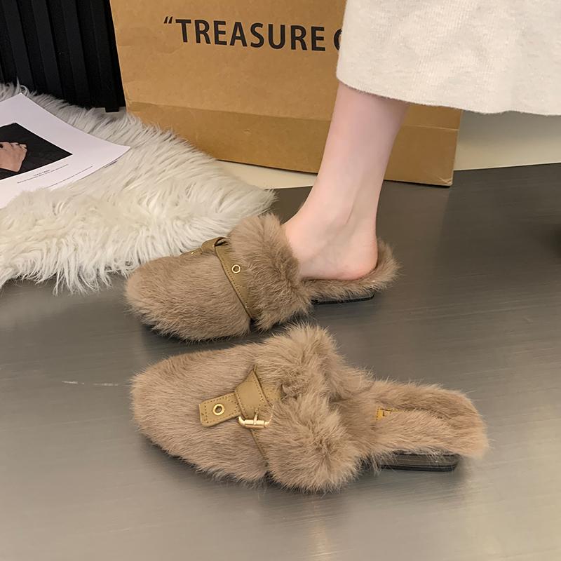 Зимние Новые Тапочки Баотоу Женские Круглый Носок Плюшевые Глубокий Вырез Заклепки Мягкая Подошва Противоскользящие Износостойкие Плоские Туфли