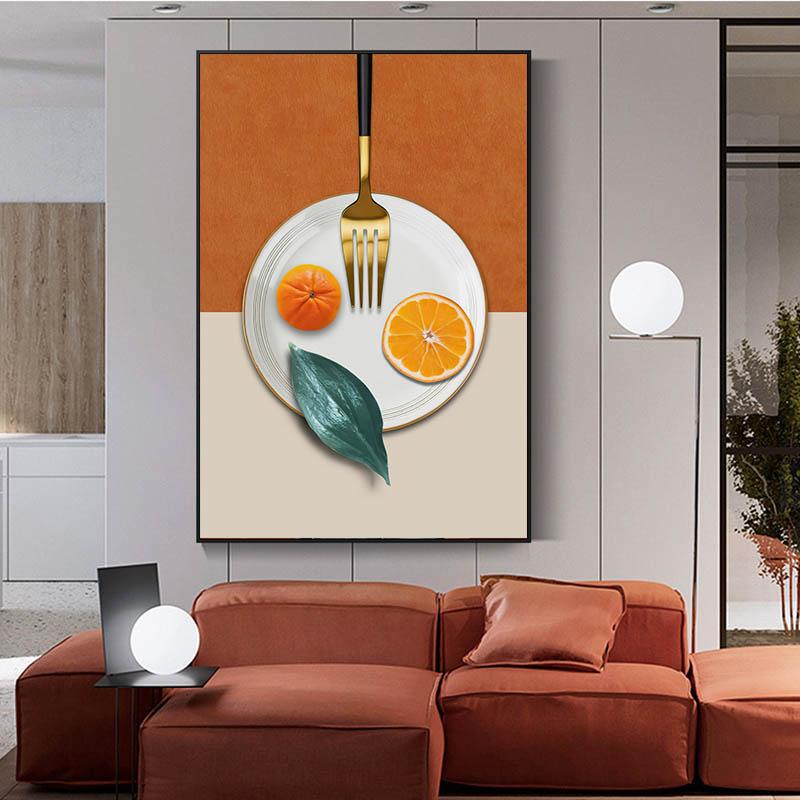 Абстрактное стекло для вина, оранжевая вилка, тарелка с бантом, посуда для ресторана, холст, картина для гостиной, украшение ресторана, без рамки