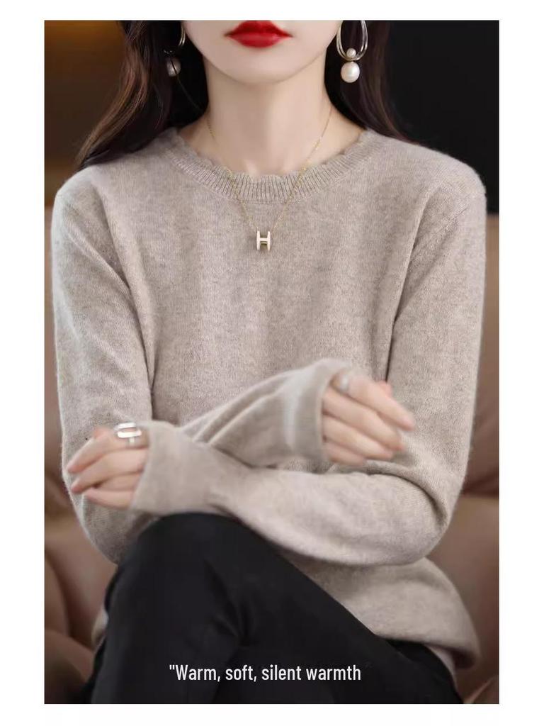 Женский повседневный кружевной свитер с круглым вырезом и длинными рукавами - мягкая вязка, коллекция осень/зима 2024 года