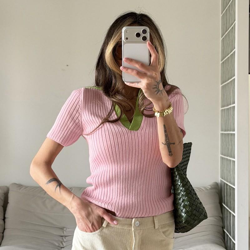 2026 Contrast Color Polo Neck Slim Fit Knit T Shirt Women
