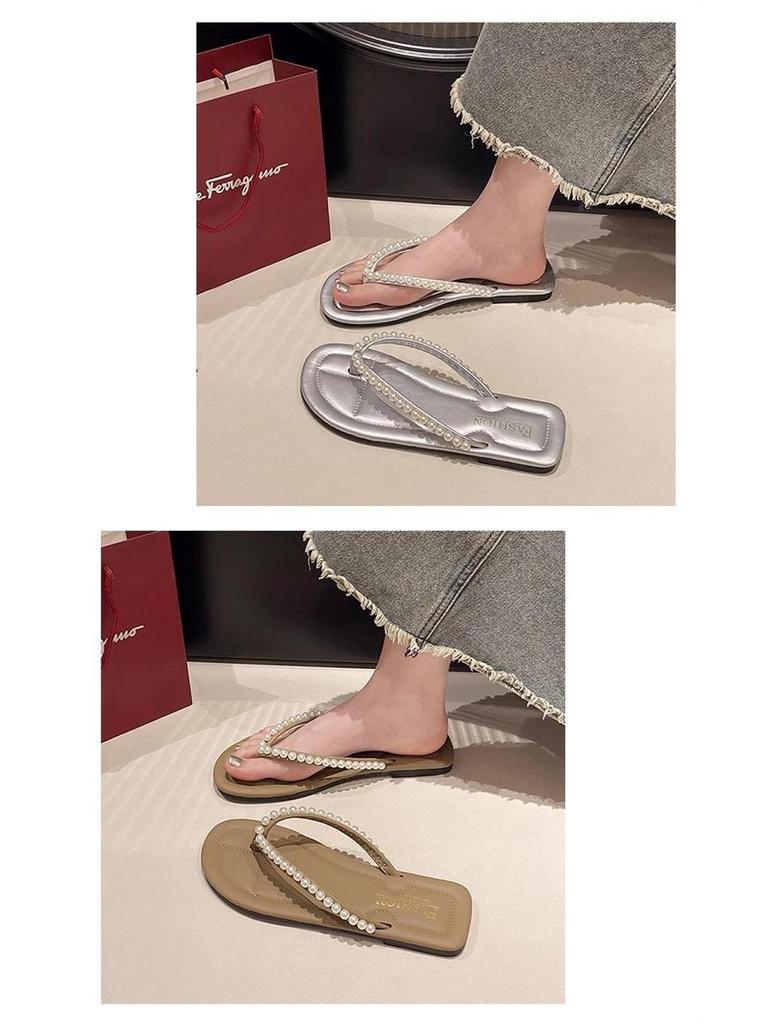 Женские летние 2025 шлепанцы с жемчугом и стразами, нескользящие: Элегантные уличные пляжные шлепанцы