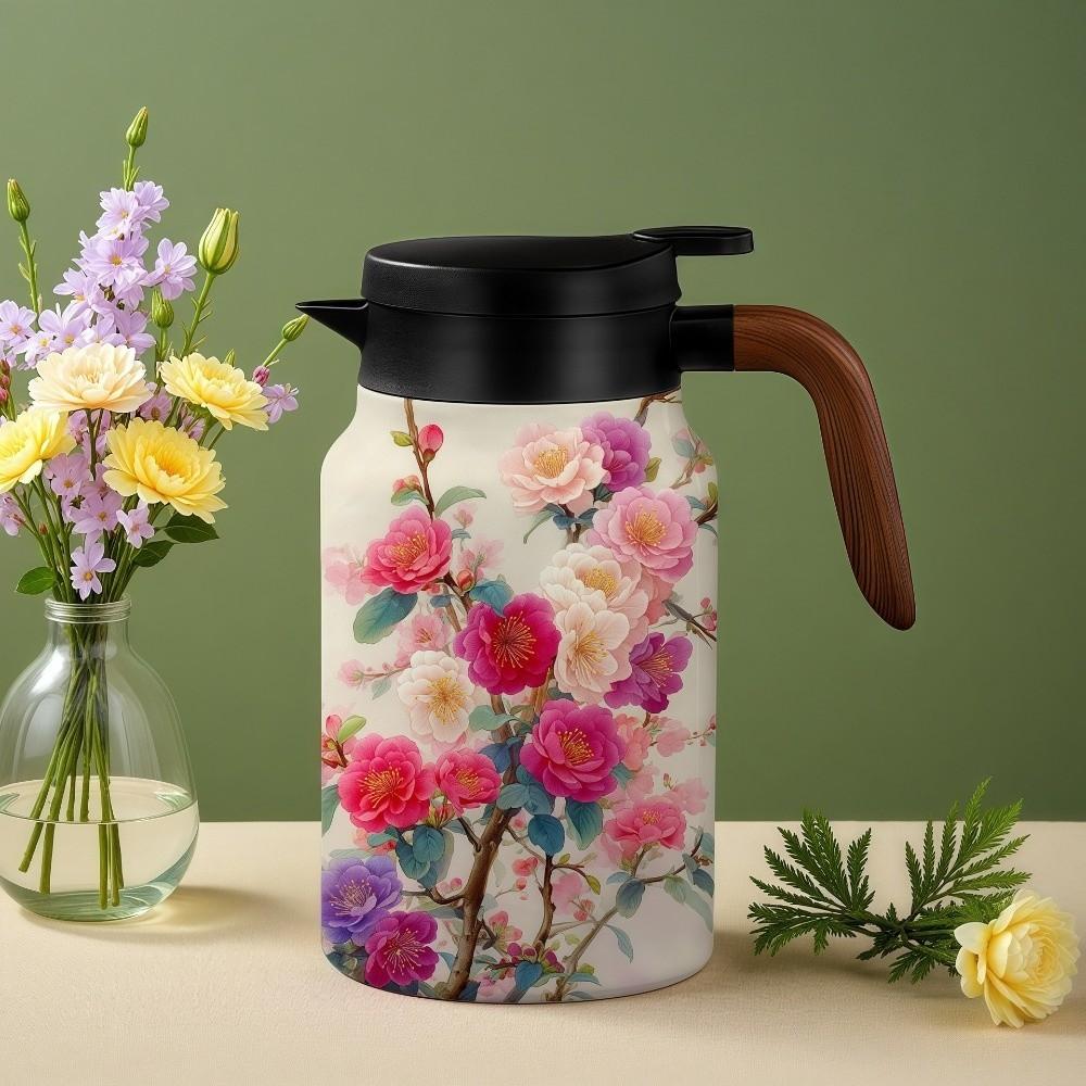 Chinese Style Retro Flower Insulated Kettle Hot Water Stainless Steel Vacuum Flask Vintage Floral Printing Water Cup for Outdoor