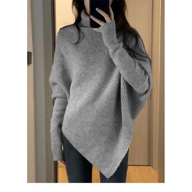 Women's Pure Wool Thickened Turtleneck Sweater, Irregular Loose Knit, Cozy Autumn/Winter Style
