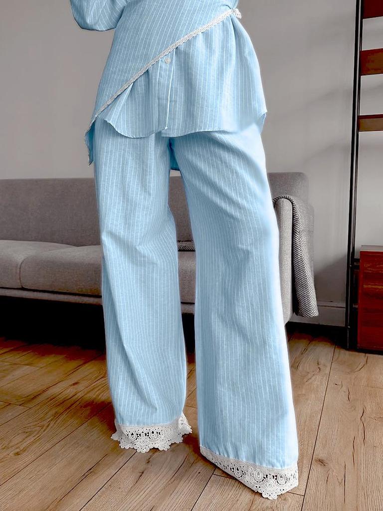 Свежий свободный кружевной полосатый трехпредметный комплект Осень 2025: Стильный повседневный дизайн