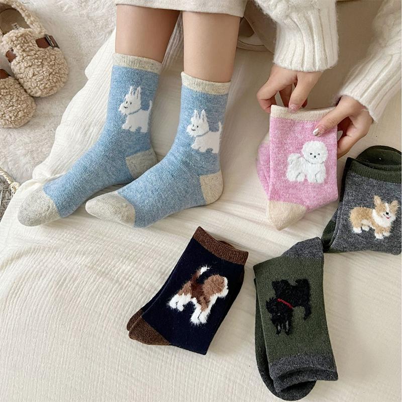 Spring and Autumn Cotton Wool Puppy Cartoon Socks Cute Style Plush Academy Style Color Blocked Stacking Socks