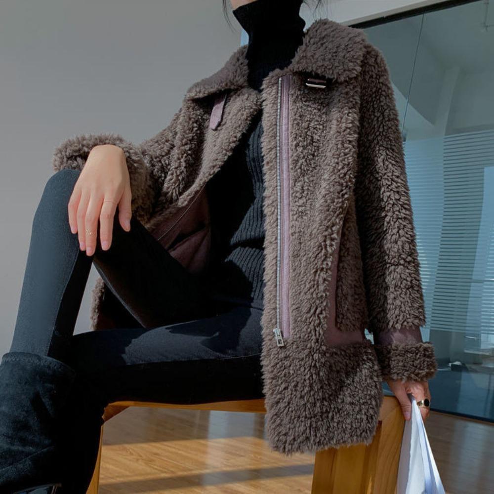 Новое пальто из натуральной овчины и овчины, кожаное и меховое, женское пальто из зернистой овчины