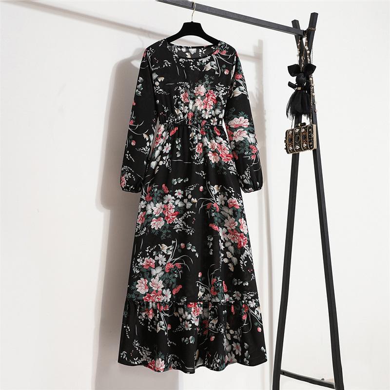 QICED Женская юбка для перерыва на чай, шифоновое платье с длинными рукавами и цветочным принтом, весна и осень, женственная юбка для похудения с талией, фея