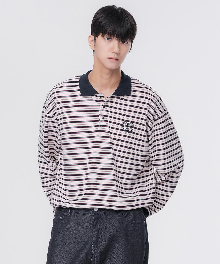 ALVINCLO Hazel 3-Button Striped Collared Long Sleeve T-Shirt Avt950 (2 Colors)