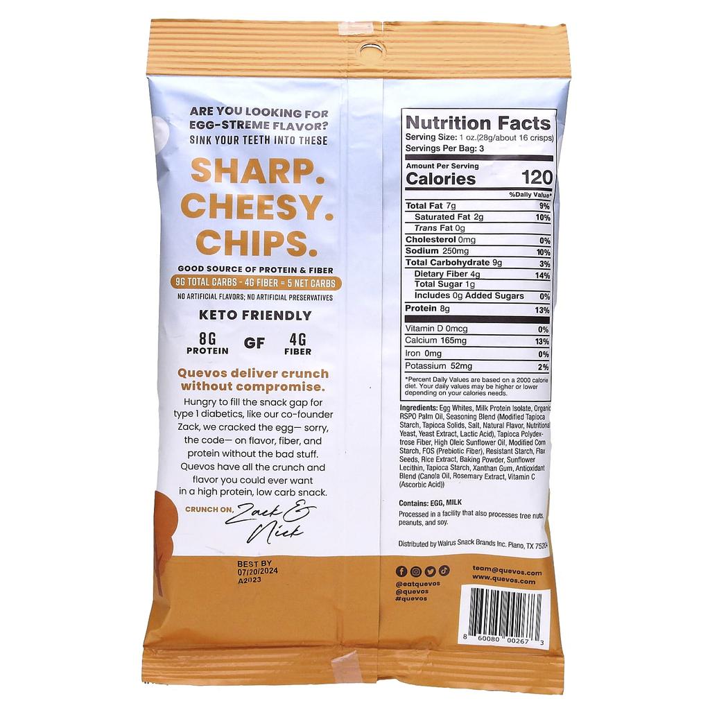 Quevos Pita Style Protein Chips, Cheddar, 6 Family Pack Bags, 3.2 Oz (90 G) Each