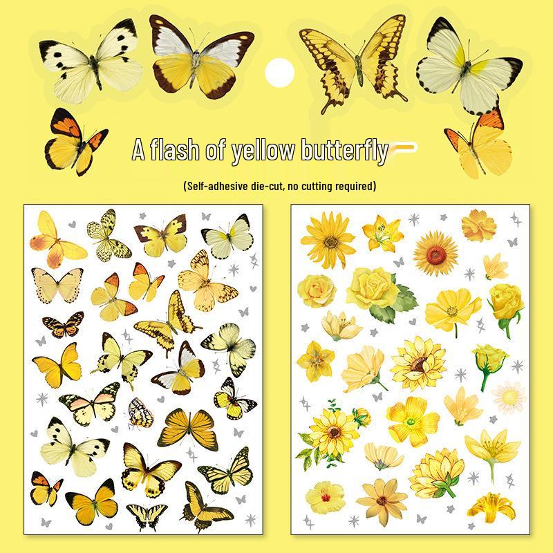 Retro Butterfly and Plant Waterproof PET Stickers - Large Ins Style for Notebooks
