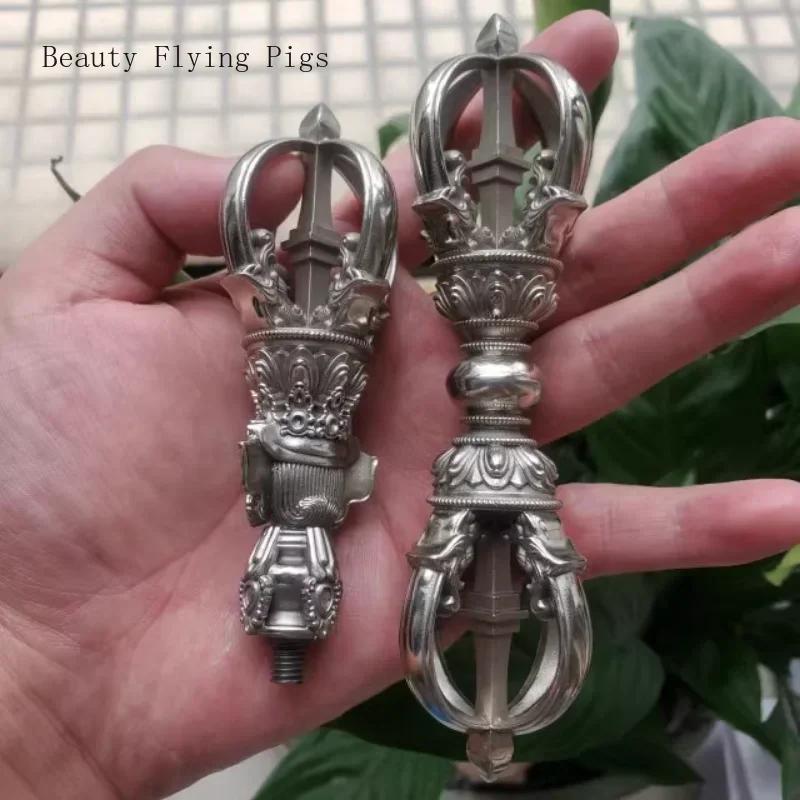 1PCS Craftsmanship Tibetan White Copper Diamond Bell and Pestle Precision Nine Leg Bell Feng Shui Ornament