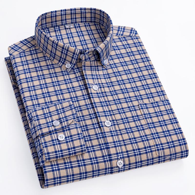 Оксфордские мужские рубашки из чистого хлопка с длинным рукавом, простой в уходе воротник на пуговицах, классическая мужская клетчатая рубашка, обычная посадка, зима-весна