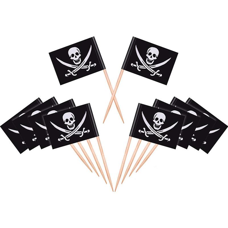 10pcs Pirate Cocktail Toothpick Black Flags Cupcake Topper Skull Cap Pick Pirates Theme Kids Birthday Party decor