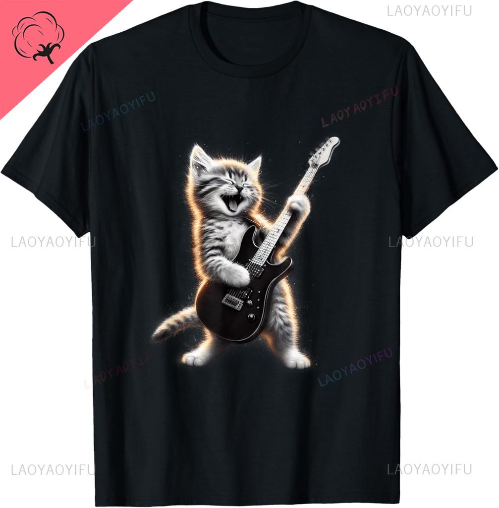 Cat Playing Guitar Rock Star Rock and Roll for Men Women T-Shirt Print Original Design Gifts T Shirts Camiseta Hombre