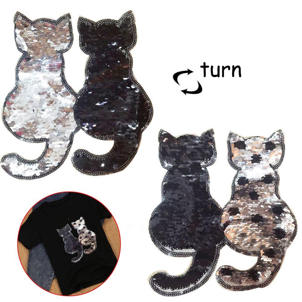 Cute Sewing Coat Jeans Applique Reversible Color Sequins Cat Patch DIY Clothes