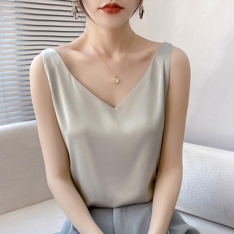 Женская летняя шелковая майка, атласный топ с V-образным вырезом, уникальный базовый слой.
