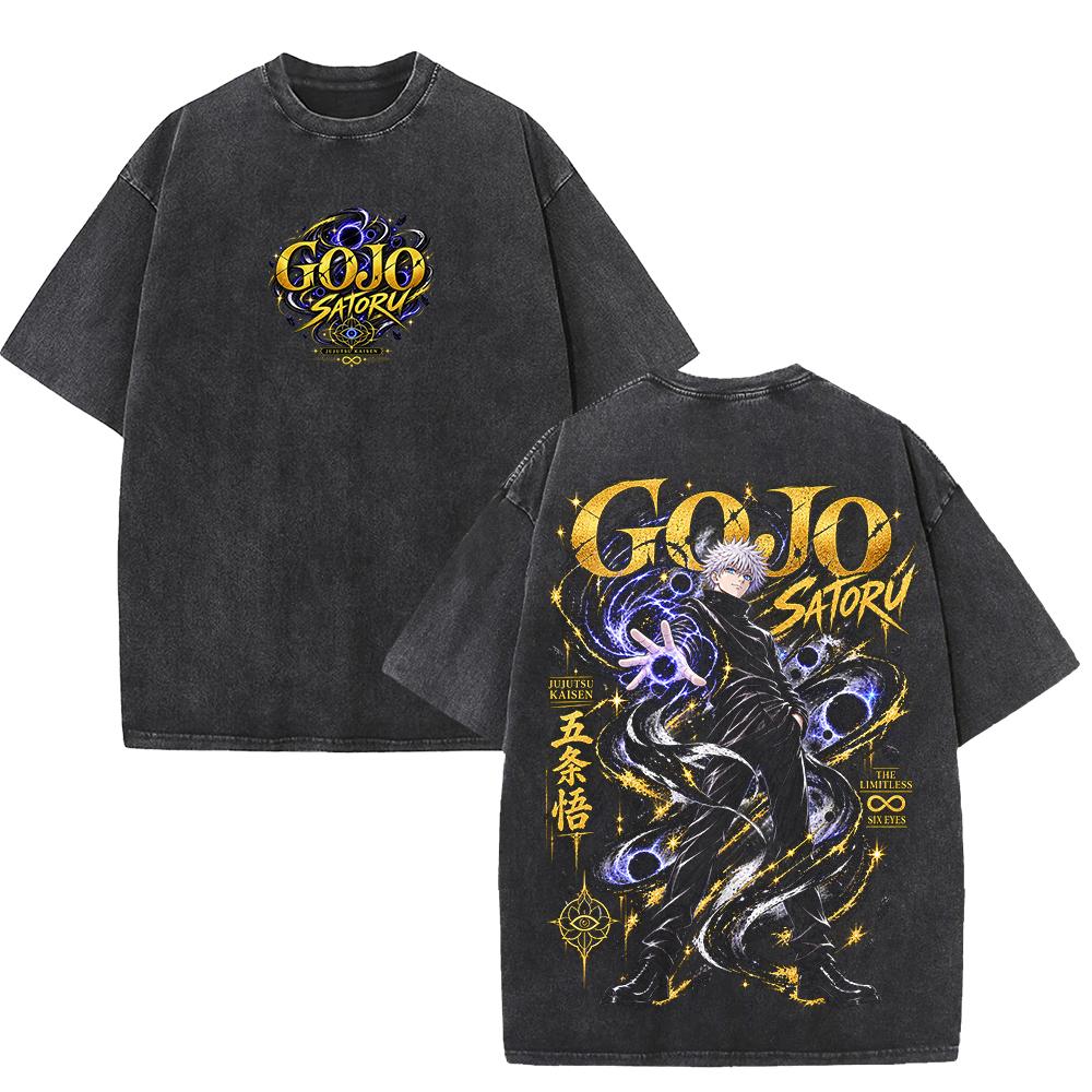 Anime Jujutsu Kaisen Satoru Gojo T-shirt Vintage Washed Oversized T Shirt Short Sleeve 100% Cotton Tees Tops Men Women Clothing