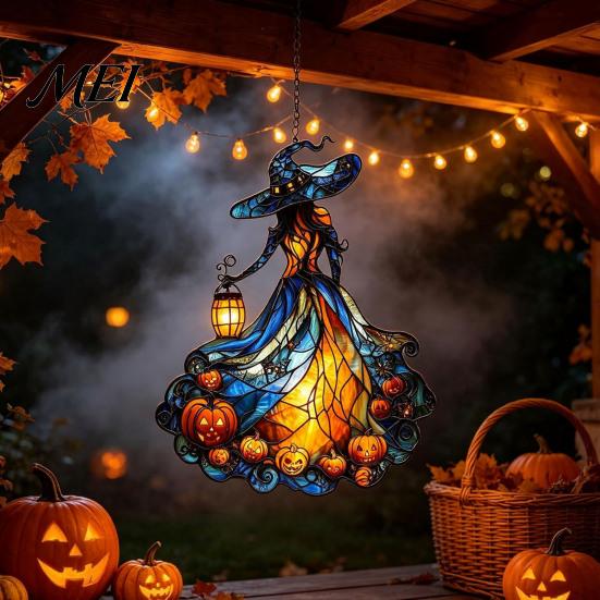 Handcrafted Witch Style Suncatcher Acrylic Suncatcher, Stained Glass Effect Window Car Hanging Ornament, Gothic Scary for Windows with Pumpkin Lantern