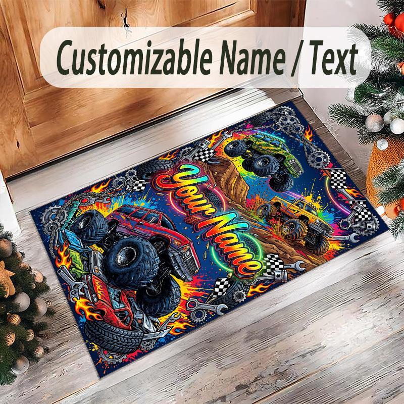 Monster Truck Theme Crystal Velvet Rug Personalized Custom Name Text Soft Floor Mat Home Decor