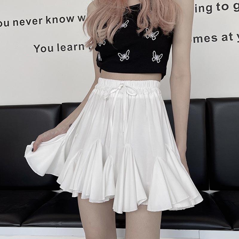 Белая плиссированная юбка с повязками для женщин, летняя мини-юбка трапециевидной формы с высокой талией, тонкая милая одежда с пышными рюшами, женская винтажная одежда