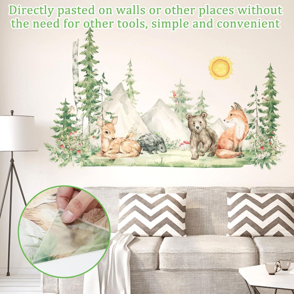 3Pcs Woodland Wall Decals DIY Large Pine Tree Forest Animal Bear Fox Peel & Stick Wall Art Sticker for Kid's Room Bedroom Decor