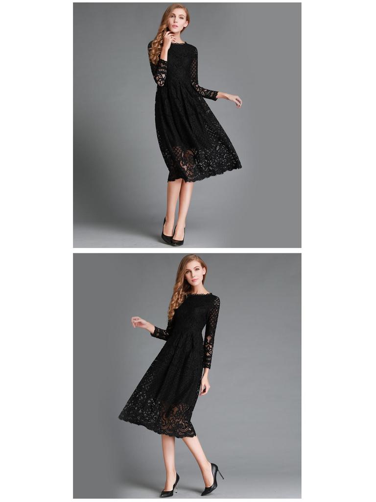 2025 Autumn Women's Lace Hollow Round Neck Slim Dress