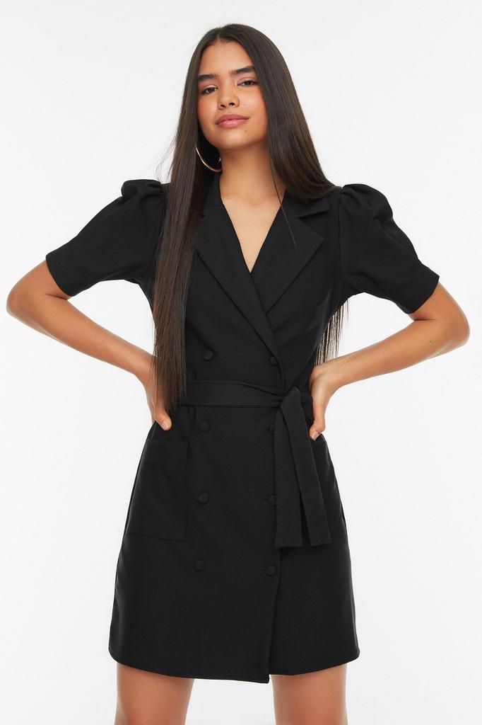 Женское стильное платье, черная мини-тканая куртка с поясом, тканое платье