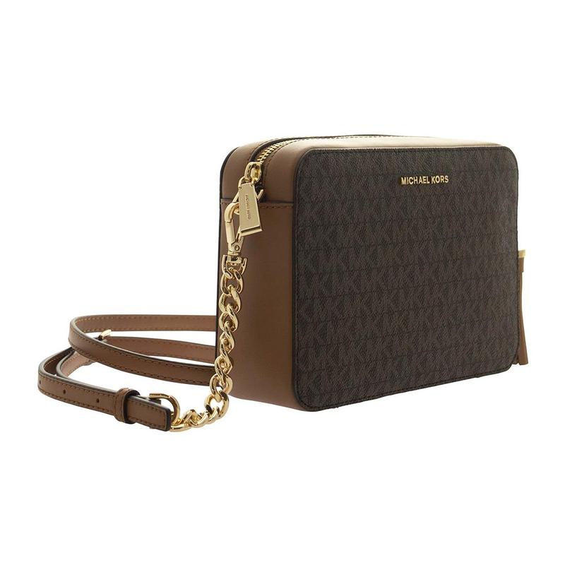 Michael Kors Стильная сумка-кроссбоди Jet Set для пресбиопов, с цветовыми блоками, кисточкой и цепочкой, из коровьей кожи, для камеры, среднего размера, женская, темно-коричневая с цветом желудя