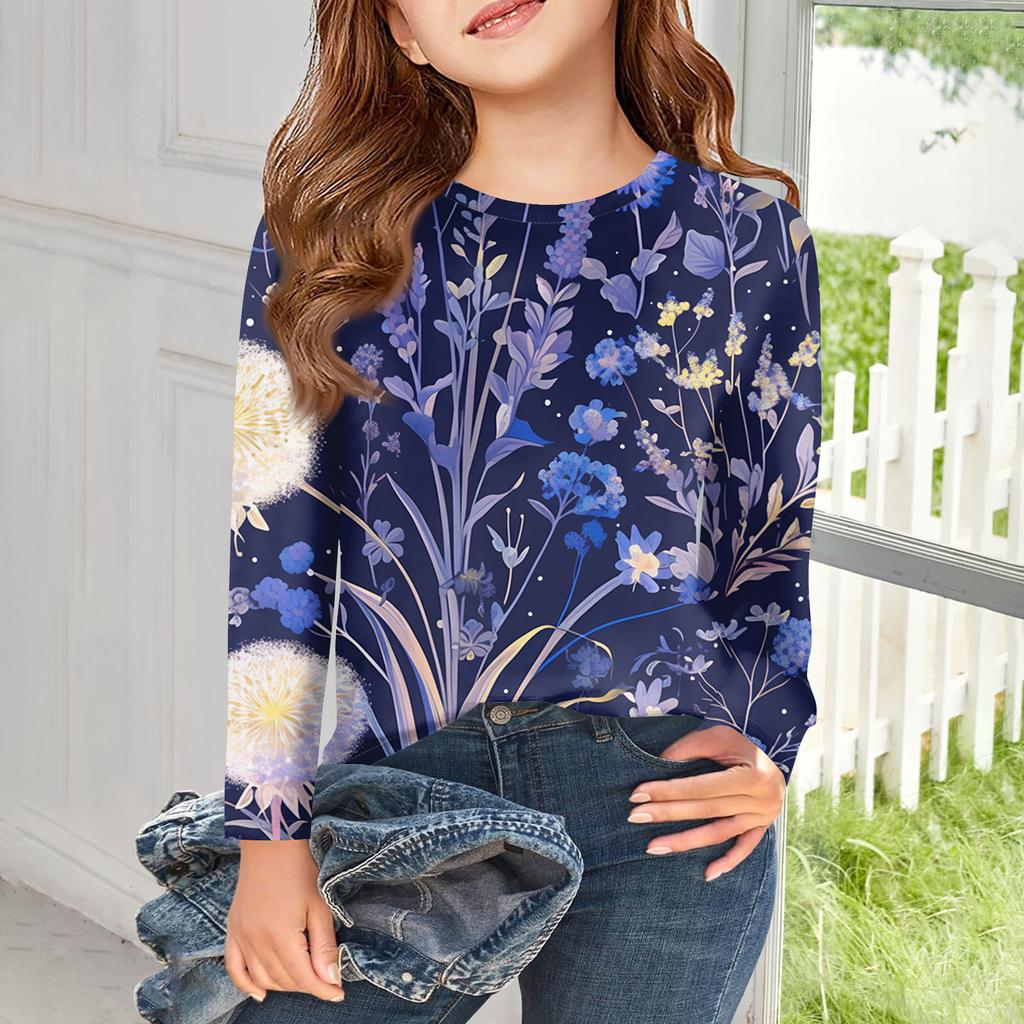 Футболки с длинным рукавом для девочек, детские осенние топы, с круглым вырезом, с принтом, базовые футболки