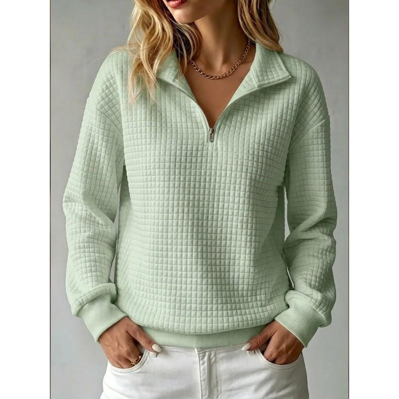 2026 Womens Waffle Knit Stand Collar Zip-Up Long Sleeve Pullover Hoodie Solid Color Casual Top