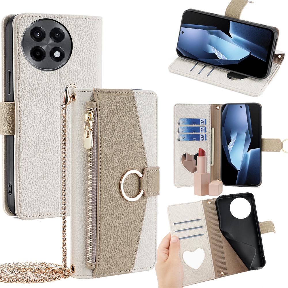 For OnePlus Ace 5 5G/5 Pro 5G Case Mirror Wallet Leather Phone Cover with Chain Shoulder Strap