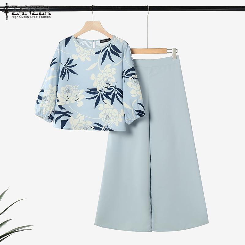 ZANZEA Женский повседневный костюм из двух частей: блузка с цветочным принтом и широкие брюки