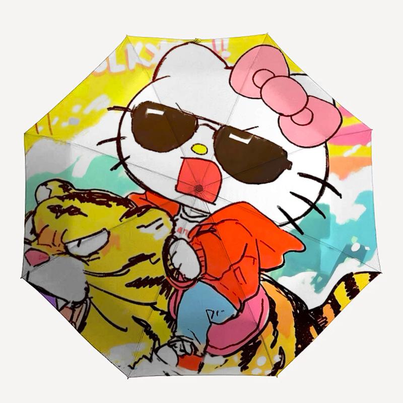 1pc Hello Kitty & Tiger Automatic Folding Umbrella - Portable 3-Fold Design with Iron Frame, Perfect for Outdoor Use, Festive Gifts, Travel, Daily Use