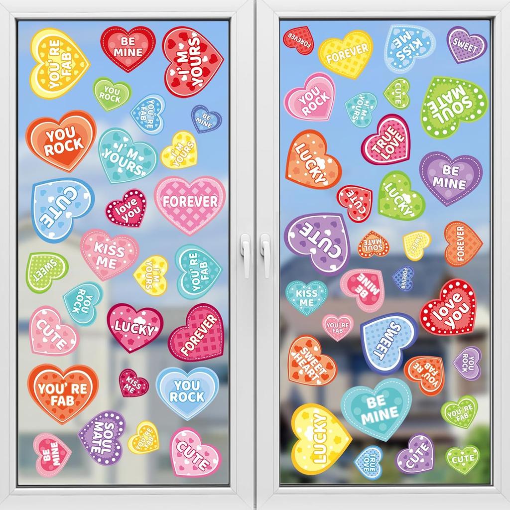 9 Sheet Valentine's Day Window Clings Romantic Conversation Heart Window Decals Double-Sided Candy Heart Window Decor for Valentine's Day Home Office