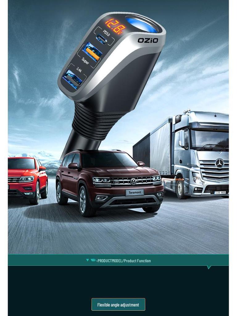 Автомобильное зарядное устройство Oshur с быстрой зарядкой, расширением USB и тройным адаптером прикуривателя