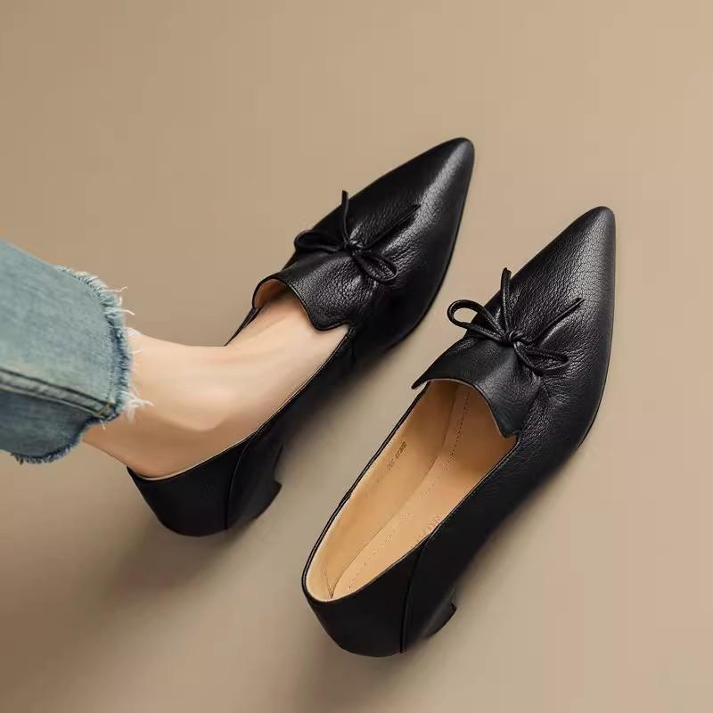 Phoentin Plus Size Office Lady Elegant Black Shoes Women's Pointed Toe Mid Heels Genuine Leather Retro Pumps