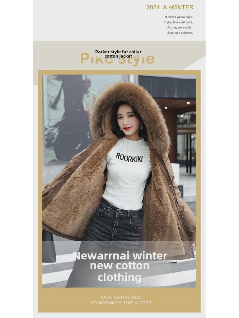 Женская повседневная куртка средней длины из хлопка в корейском стиле с меховым воротником