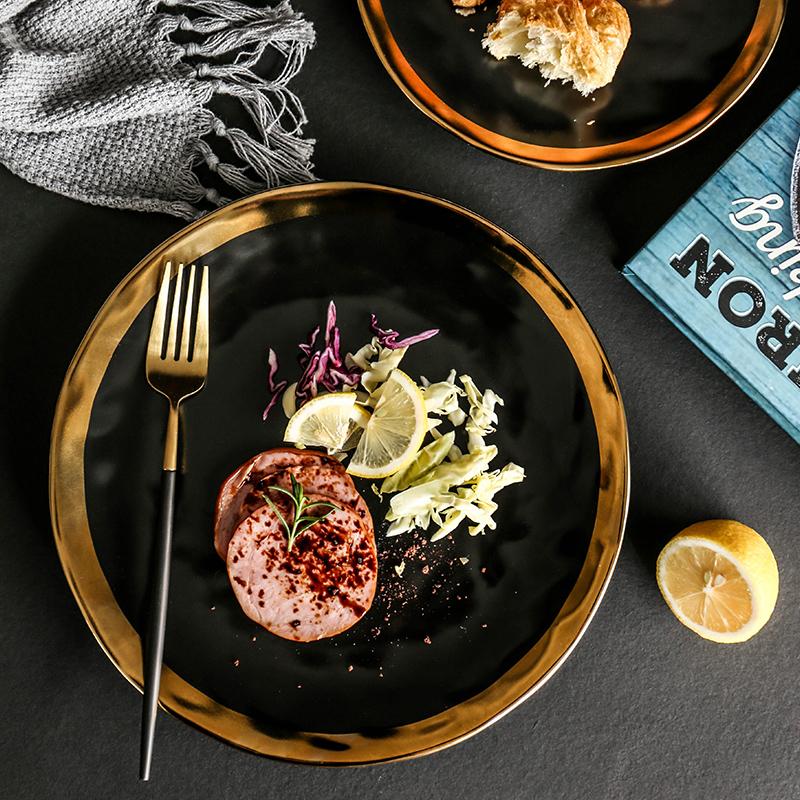 8/10 дюймов Минималистская обеденная тарелка Черно-белая керамическая сервировочная тарелка с золотым краем Паста Стейк Блюда для вечеринки Большая круглая тарелка