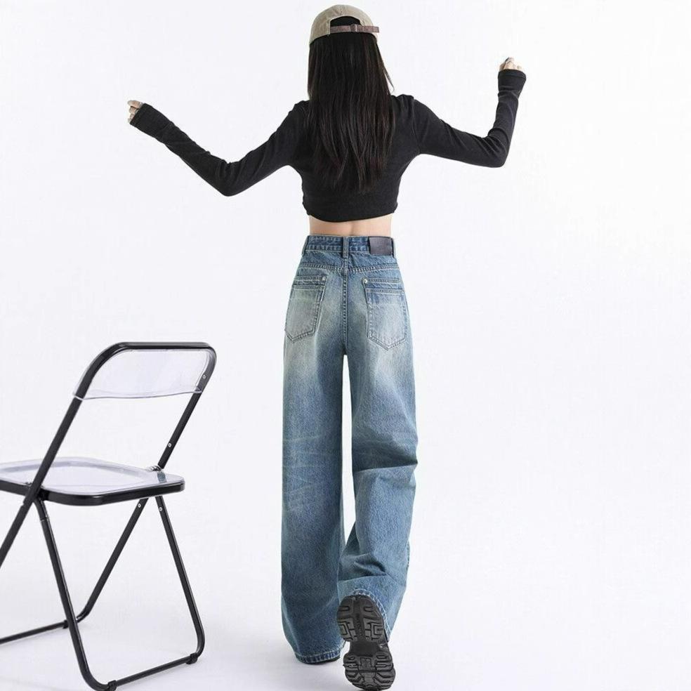 Удобные джинсы с широкими штанинами с эффектом стирки, женские, с высокой посадкой, больших размеров, состаренные, свободные, прямые, длинные брюки, джинсы для женщин, длинные джинсовые брюки