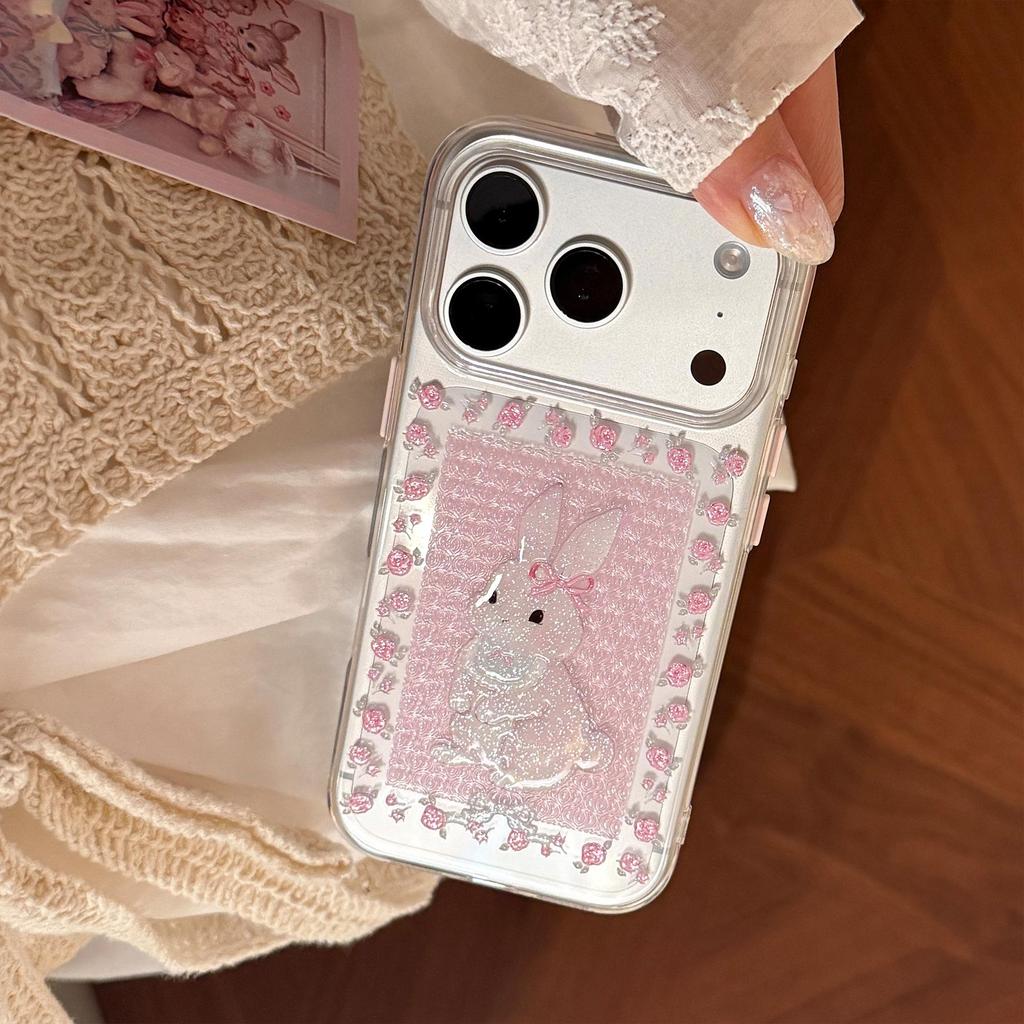 Милый Чехол-Кролик с Цветами и Блестками для iPhone 17, 16 Pro, 15, 13 - Прозрачный Мультяшный Дизайн