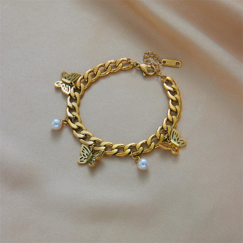 Stainless Steel Gold Plated Butterfly Pearl Cuban Link Bracelet Women Y2K Sweet & Edgy Hollow Butterfly Charm Jewelry Gift