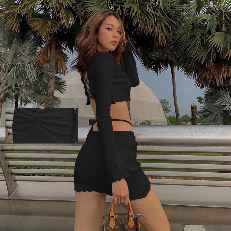 Tooxika Новый весенне-летний комплект с длинными рукавами, перекрестными бретелями и открытой рубашкой, футболка и короткая юбка