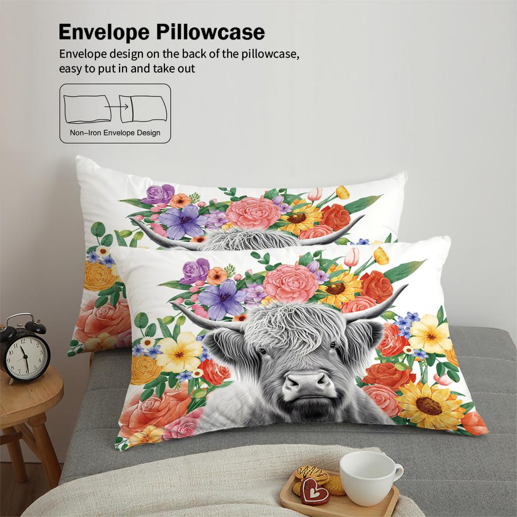 Комплект из 3 предметов пуховый пододеяльник с принтом коровьего и цветочного узора в деревенском фермерском стиле (1 пододеяльник+2 наволочки, без наполнителя) комплект постельного белья