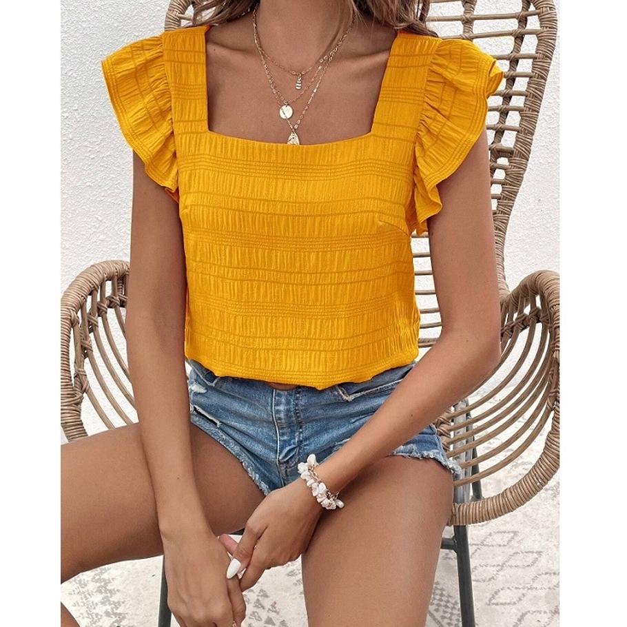 Женская футболка Летняя Повседневная с коротким рукавом Весенне-летняя Новинка Квадратный вырез Рубашка с рюшами Топ