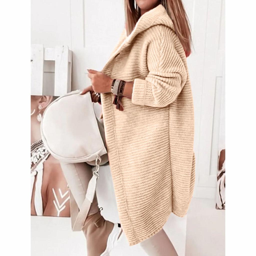 Women's Hooded Knitted Cardigan Solid Color Long Sweater Coat Thickened Winter Warm