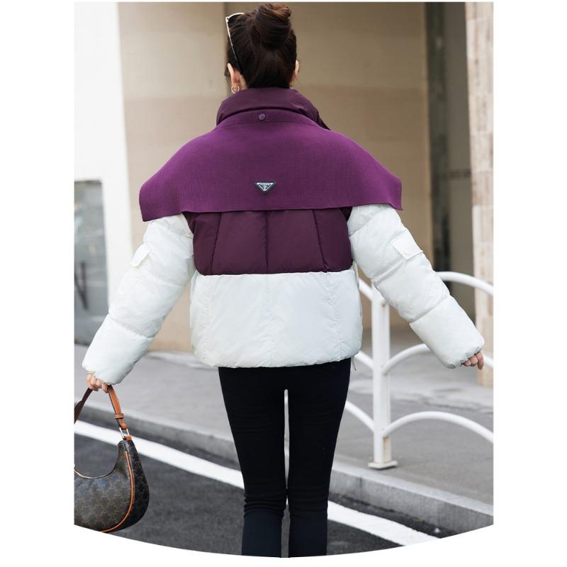 Korean Style Loose Fit Knit Poncho Collar Down Jacket with Color Block for Autumn Winter Women