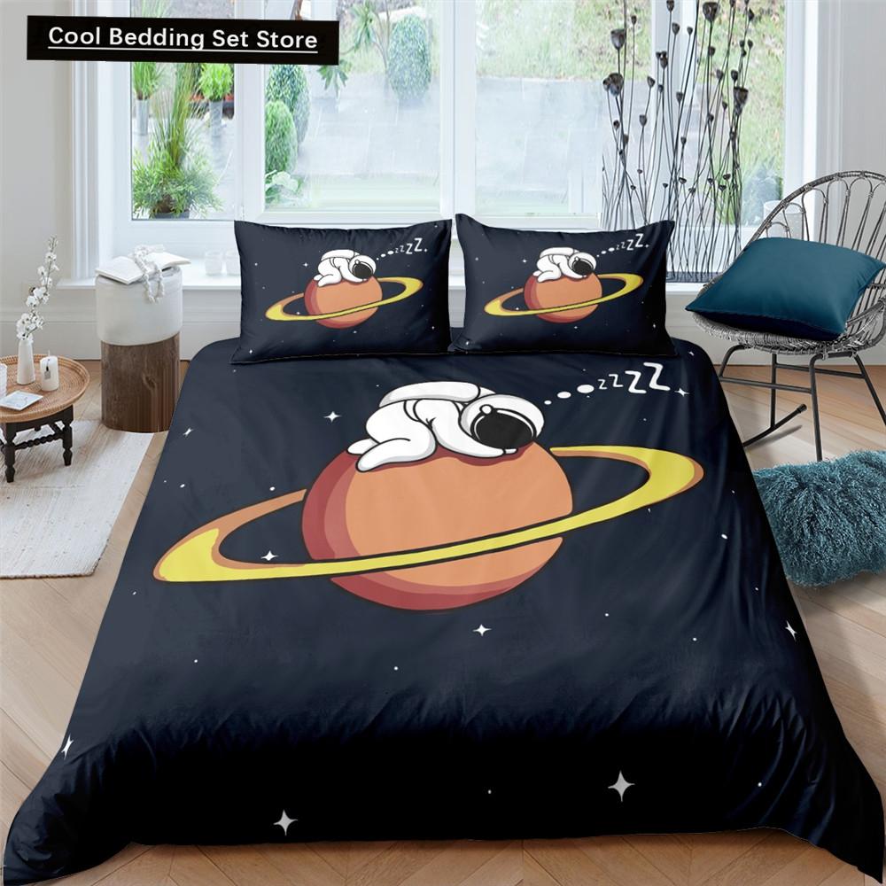 Cartoon Astronaut King Queen Duvet Cover Kawaii Spacecraft Bedding Set for Kids Outer Space Blue 2/3 Pcs Polyester Quilt Cover