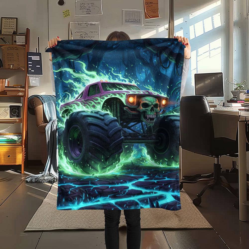 1Pc BadBeastTruck Print Flannel Blanket, High quality Comfortable for All Seasons, Home Decor, Warmth and Comfort, Perfect for Christmas Gifts