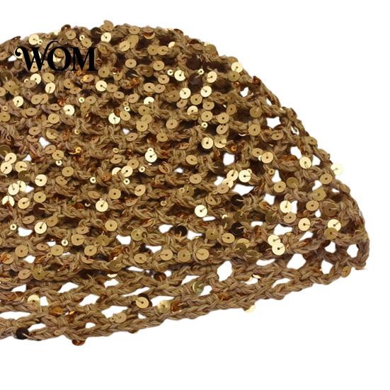 Lightweight Breathable Headwear Fishnet Hat for Women, Mesh Knitting with Hollow Sequin Design, Elastic Fit Hand-Woven Daily Wear